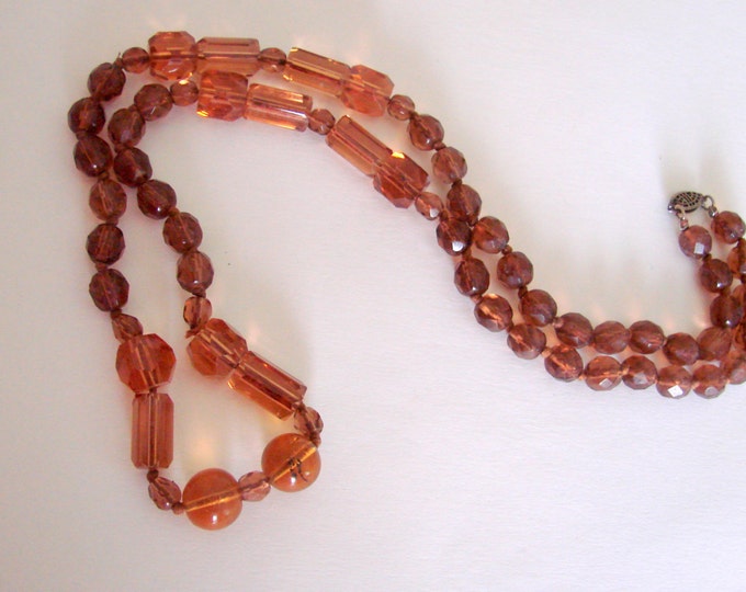 Art Deco Amber Glass Bead Necklace / Designer Signed / Faceted / 30s Vintage Jewelry