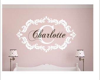 Fancy Damask Wall Decal Vinyl Wall Decal Personalized Nursery Decal Bedroom Wall Decal Damask Frame Initial Name Monogram Wall Decal 22x35