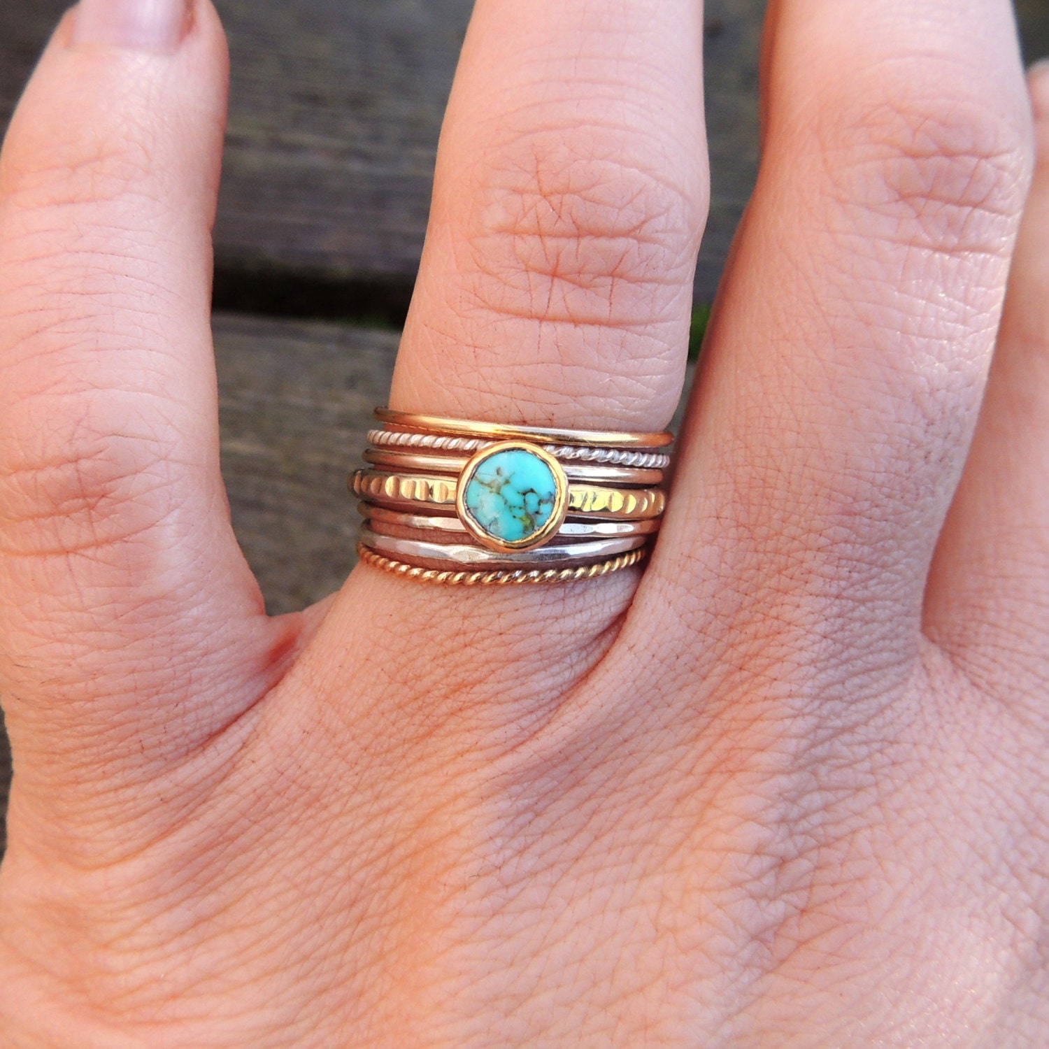Rustic Organic Boho Chic Stacking Ring Set 14k Gold