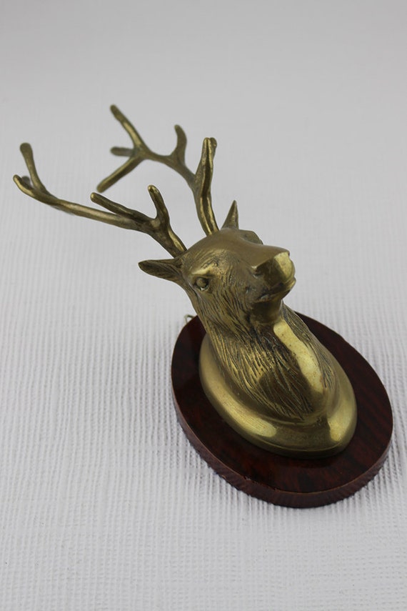 Small Brass Deer Stag Faux Taxidermy Trophy Head on Wood Oval