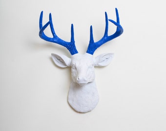Faux Taxidermy - The MINI Nora - White W/ Blue Antlers Resin Deer Head- Stag Resin White Faux Taxidermy