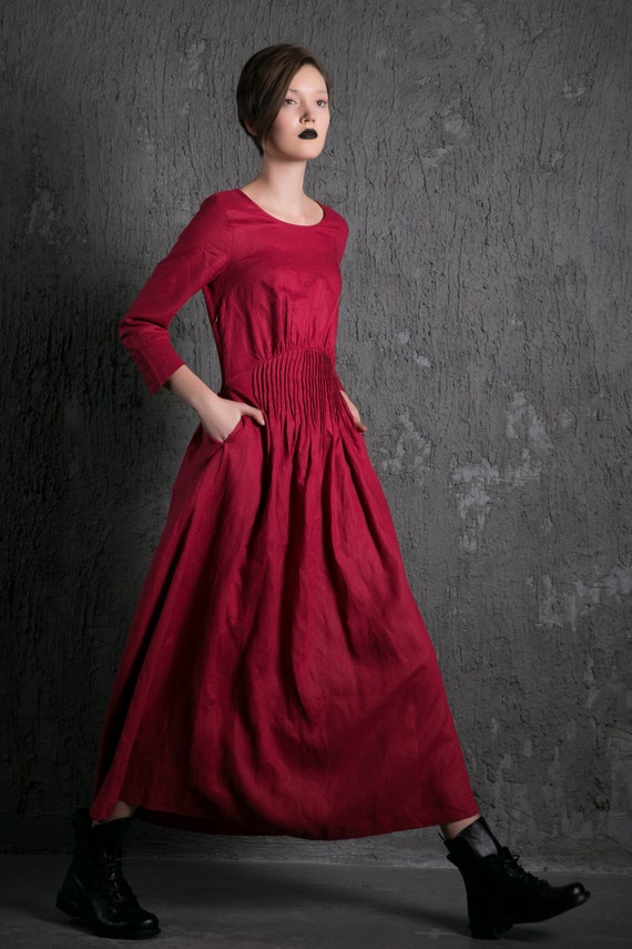 Red Linen Maxi Dress Raspberry Fit & Flare with Pintuck