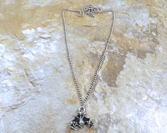 Pewter Bat with Black Enamel Pendant on a Link Chain Necklace- 5228