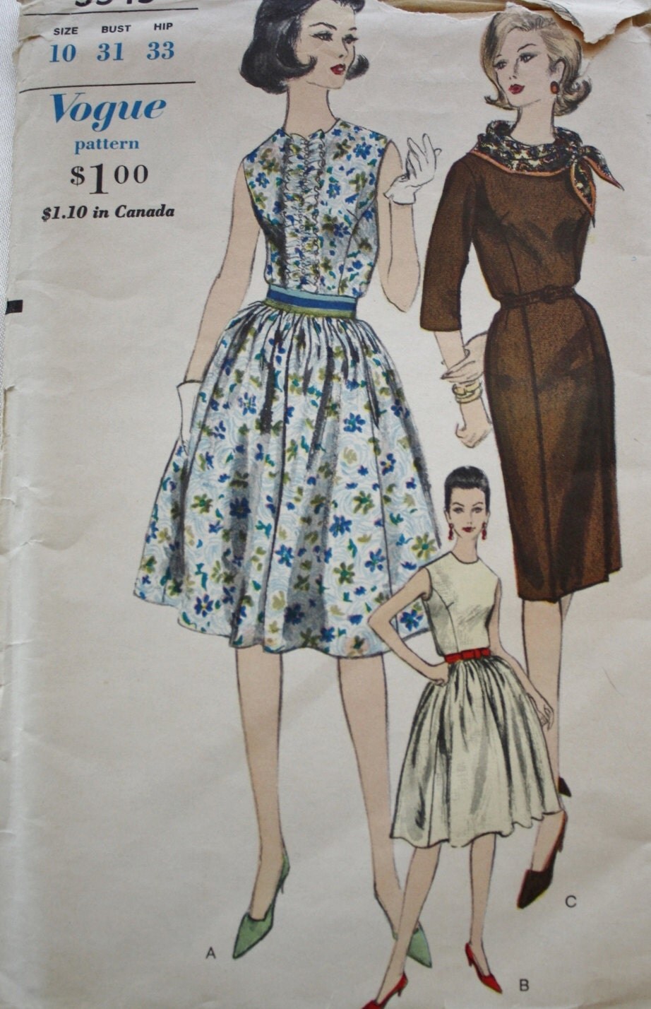One Piece Dress Sewing Pattern /Full Skirt / Slim Skirt /Vogue