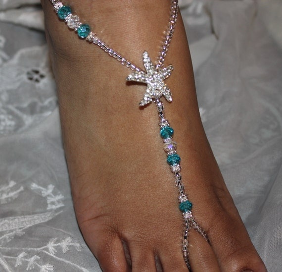 Blue Crystal Barefoot Sandals Beach Barefoot Sandals Foot Jewelry Starfish Wedding