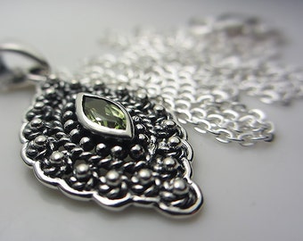 Genuine Peridot in 925 Sterling Silver Necklace Antiqued Sterling Silver Necklace Green Necklace Victorian Style August Birthstone