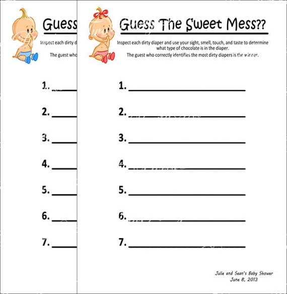 Printable Personalized Dirty Diaper Baby Shower Game Card