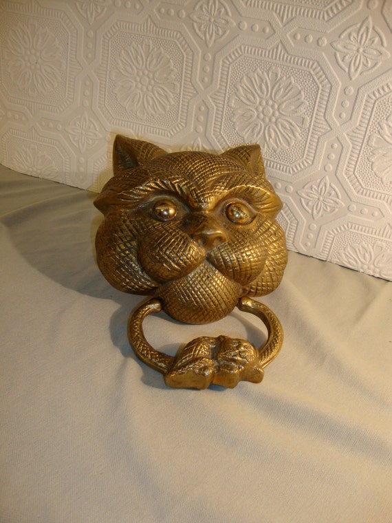 Vintage Gold Brass Cat with Kitten Door Knocker