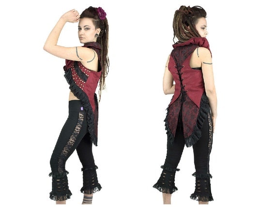 Magpie tail steampunk vest, red and black, victorian, burlesque, with big frills neck, corset at back, decorate, lace and rivets, trance by BaliWoodShop steampunk buy now online