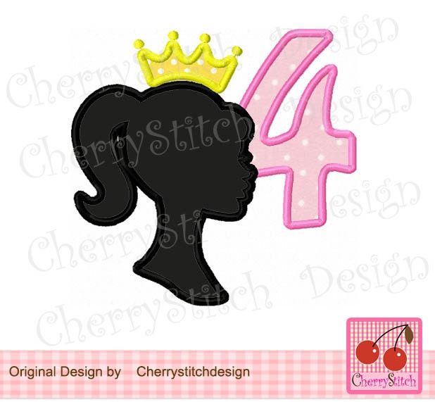 Barbie Birthday Number 4 Digital Applique by CherryStitchDesign