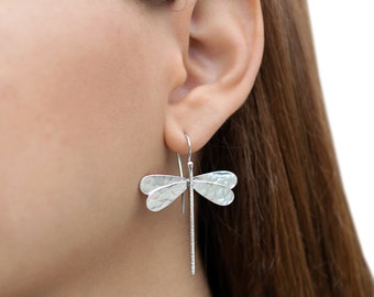 Dragonfly earrings, drop earrings, gift for women, insect sterling silver earings, big earrings, statement earrings, hypoallergenic earrings