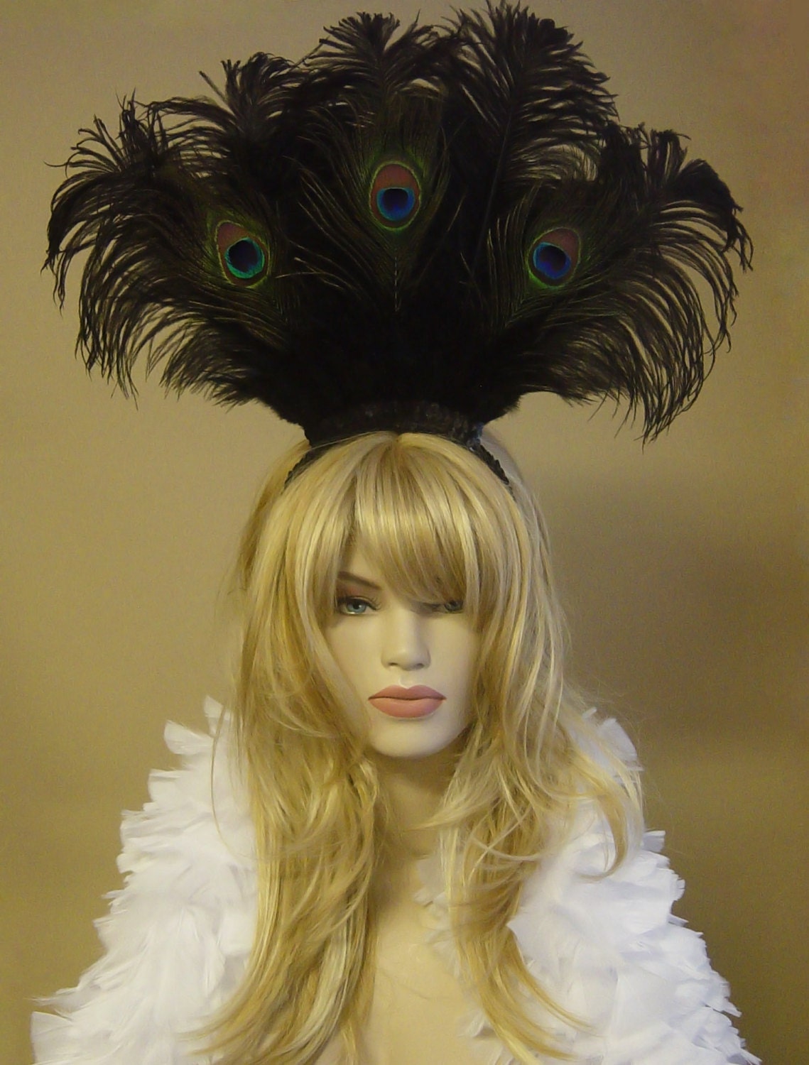 Large Peacock And Black Ostrich Feather Headdress Headband Hair 7094