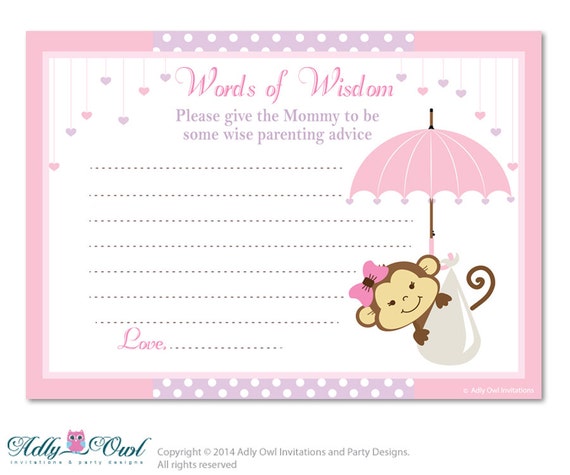 of words shower baby wisdom Wisdom, Pink Shower Monkey Purple Advice Card of for Girl Words Baby