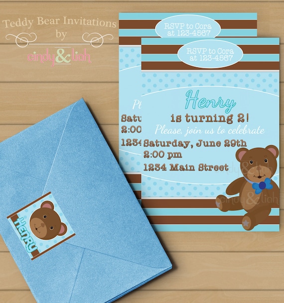Blue and Brown Teddy Bear Birthday Invitation, Address Labels, and Envelope Seal Set - Teddy Bear Baby Shower Invitation - DIY Printable Il_570xn