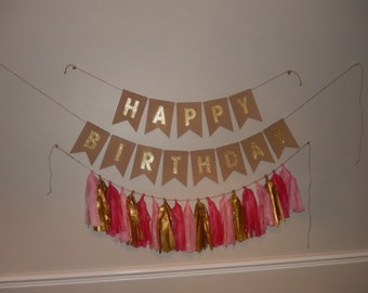 Happy Birthday Burlap Banner - Gold or Silver Glitter Lettering - Capital Lettering