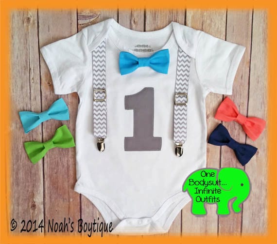 Boys First Birthday Outfit - Grey Chevron - Birthday Shirt - Suspenders Bow Tie - 1st Birthday - Birthday Clothes - Blue - Lime - Navy by NoahsBoytiques