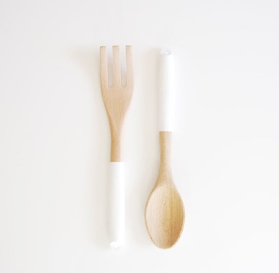 Utensil salad utensil Serving   Set Wood  for Wood Salad  Painted serving Kitchen Set   White