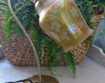 vintage LAMP Goose Neck Acid Etch etched Amber Carnival Verre de Soie iridescent Shade steuben? Gatsby Deco Nouveau FREE SHIPPING usa