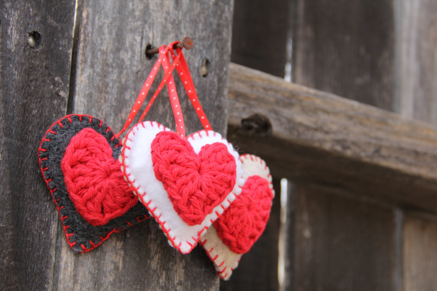 Heart Christmas ornament (Set of 3), felt and crochet, handmade