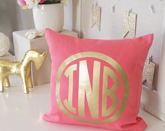 SALE! Monogram Throw Pillow Cover - Teal Coral Chinoise Frame Metallic Gold or Silver Monogram