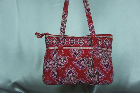 Vera Bradley, red shoulder bag, quilted fabric bag, 80's shoulder bag ...