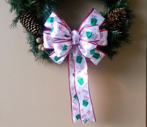 Christmas Wreath Bow-Santa Claus Red and White Christmas Bow- Wreath Bow- Ho Ho Ho- Tree Topper Bow-Mailbox Bow-Stair Door