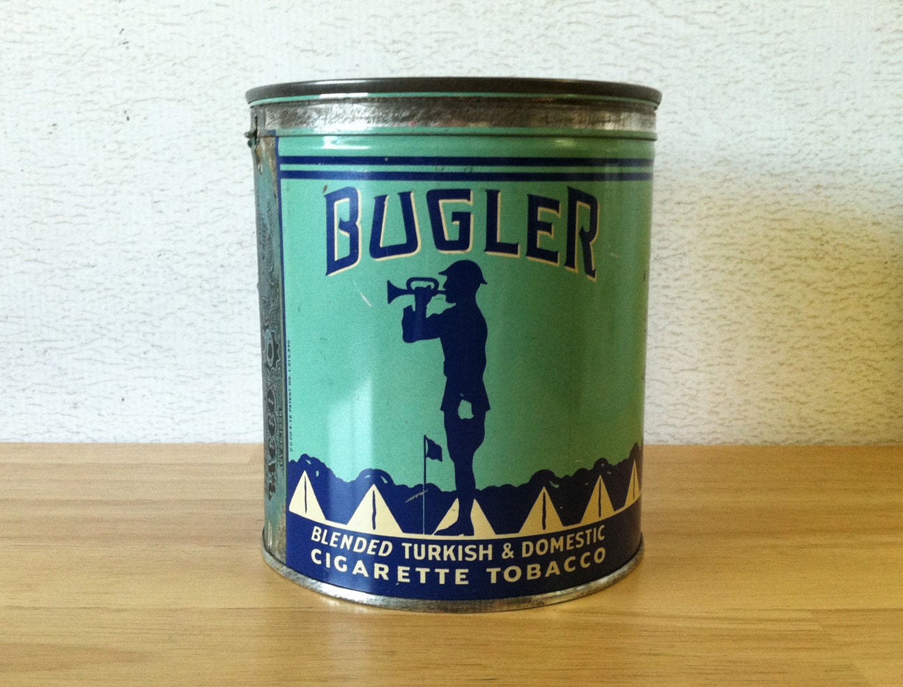 1930's Bugler Tobacco Canister Tin with Key Wind Knob Lid