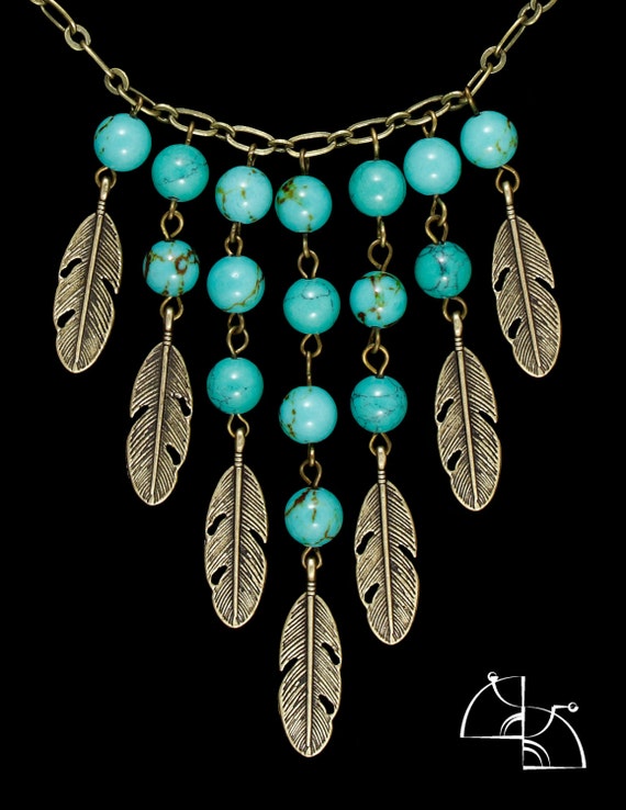 Spring Pocahontas. Jewelry Set. Bright turquoise necklace with feathers and earrings.