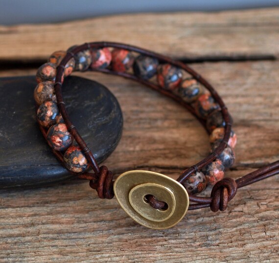 MENS Beaded Leather Bracelet on Brown Leather by PJsPrettys