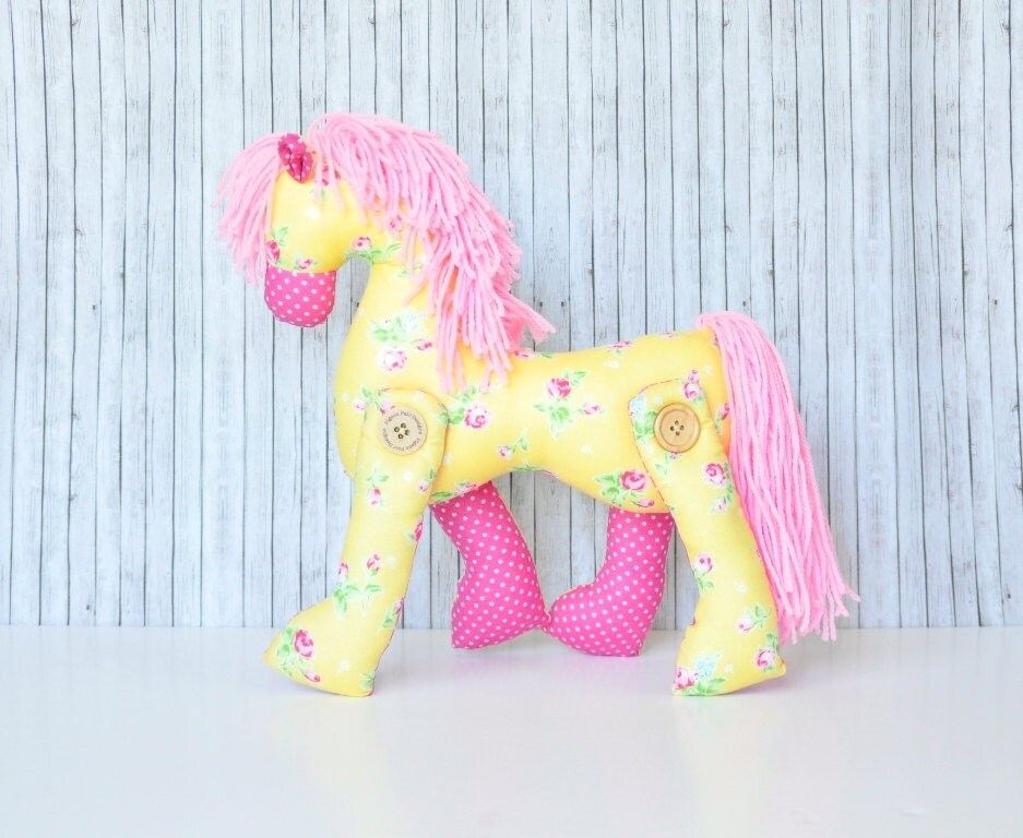Toy Pony Stuffed Plush Horse for Girls. Pink Yellow Movable