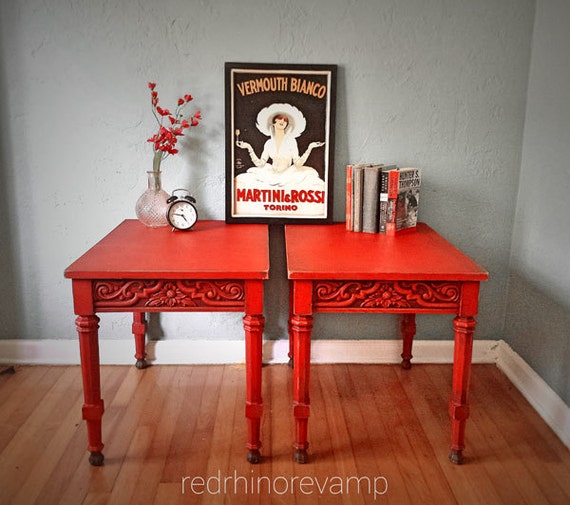 Items similar to Red Side Tables Pair of Decorative Distressed & Aged