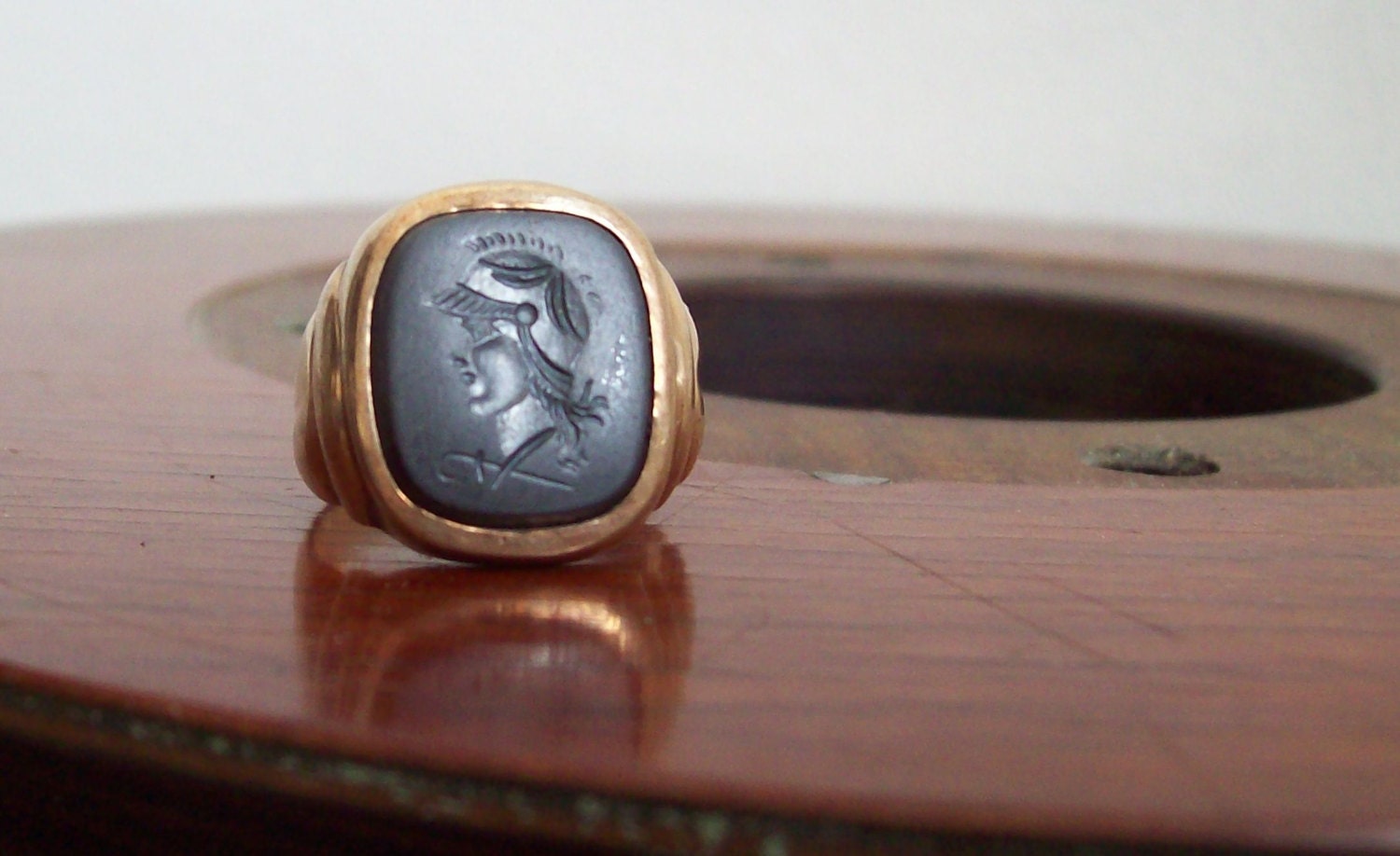 Antique mens ring 10K gold intaglio spartan roman wax seal