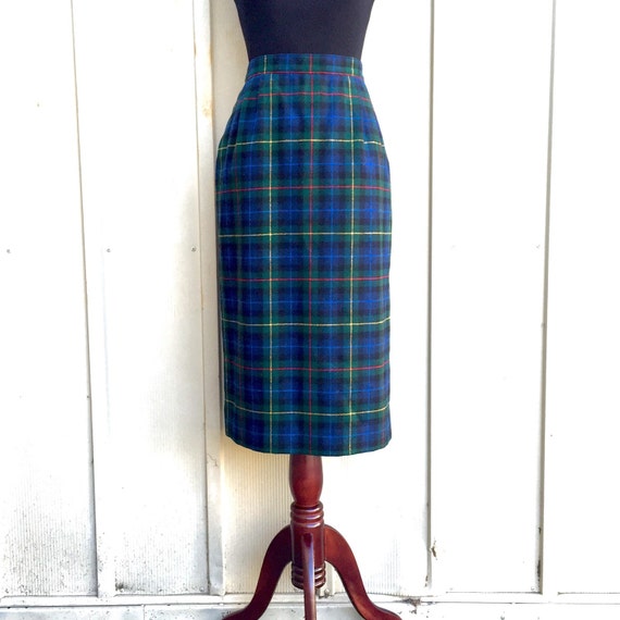 Green Plaid Skirt Blue Plaid Pendleton Skirt by PendulumVintage