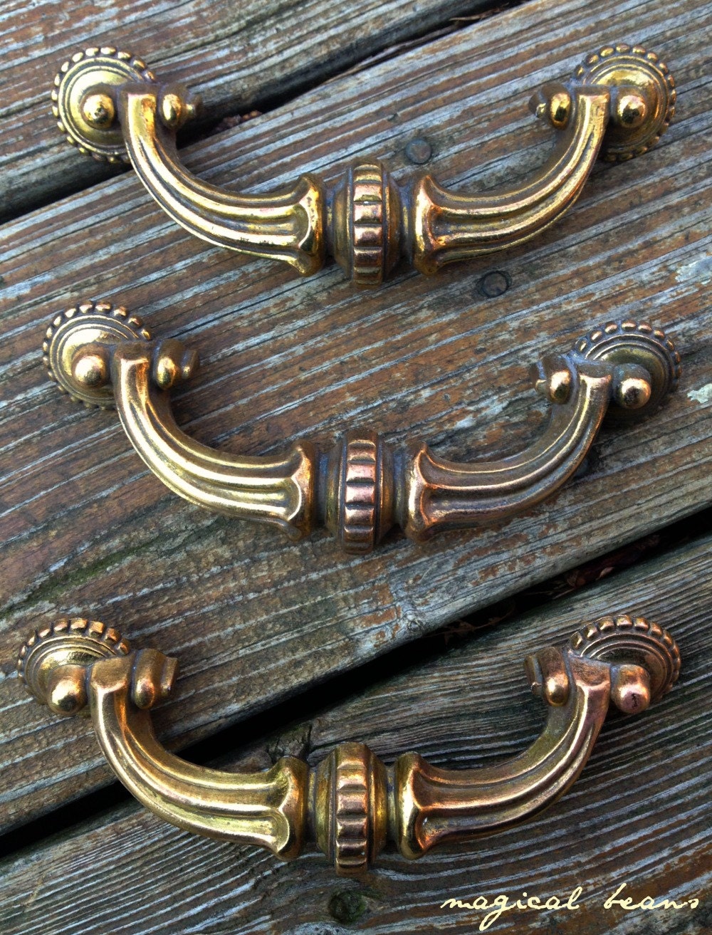Vintage Antiqued Solid Brass Victorian Style Stationary Pulls Gold with