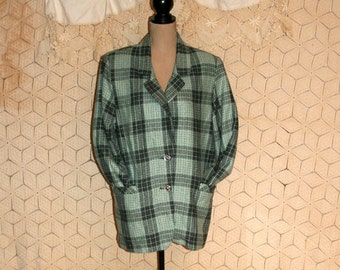 80s Oversized Blazer Jacket Womens Large Gray Green Plaid 1980s Flannel Jacket Plaid Blazer Plaid Jacket Vintage Clothing Womens Clothing