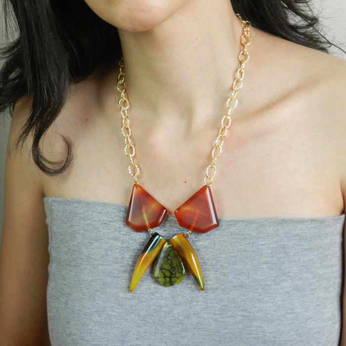 Gemstone Statement Necklace/Amber Yellow Stone Necklace/Agate
