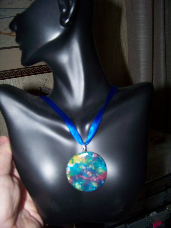 Necklace - Washer Pendant with Blue, Green, Yellow, Red with Blue Ribbon
