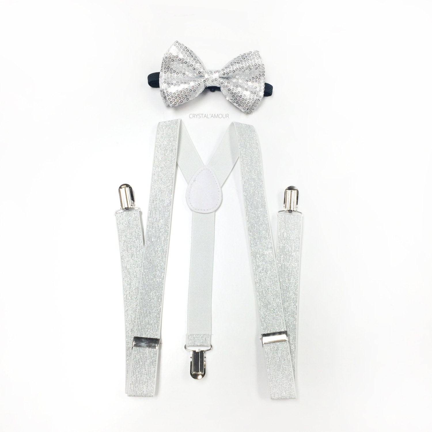 silver bowtie and suspenders set silver sequin bow tie white