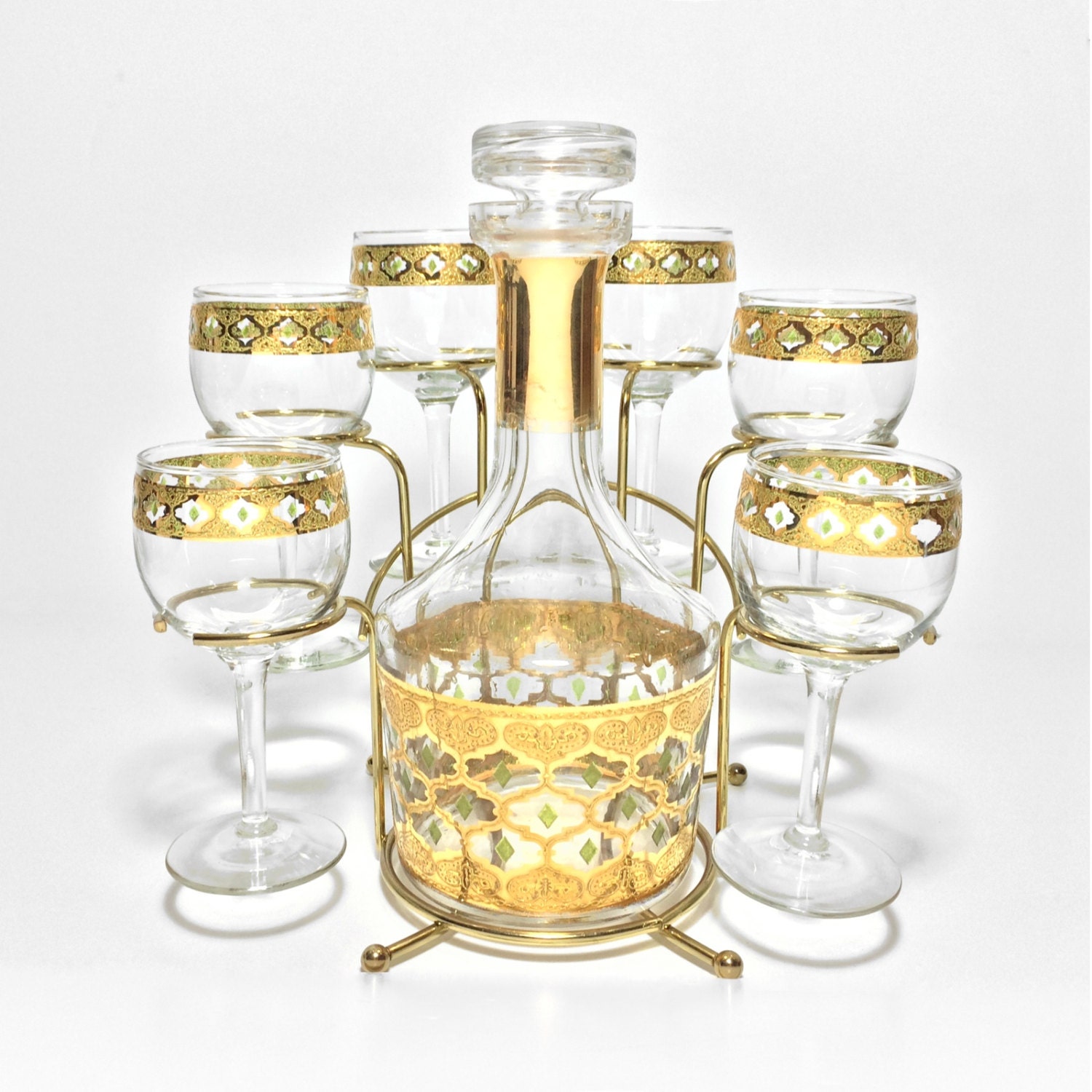 Vintage Culver Valencia Decanter Set with 6 Wine Glasses and