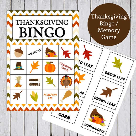 Printable Thanksgiving Bingo & Memory Game - Instant Download - 12 Bingo Cards, 16 Calling Cards, 16 Memory Card Pairs, 4 Backgrounds  - PDF