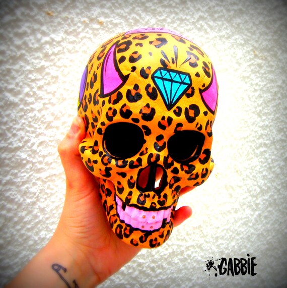 Glam Skull Ceramic Skull Leopard Animal Print by GabbieCustomArt