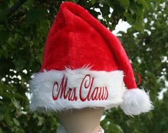 Christmas Santa Hat Adult red plush custom embroidered on white trim. You decide the saying / name / customization. Personalize your way!