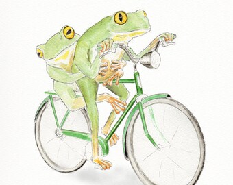 Frogs Riding Bicycle - Whimsical animal art - Humorous Frog Art - Bicycle art