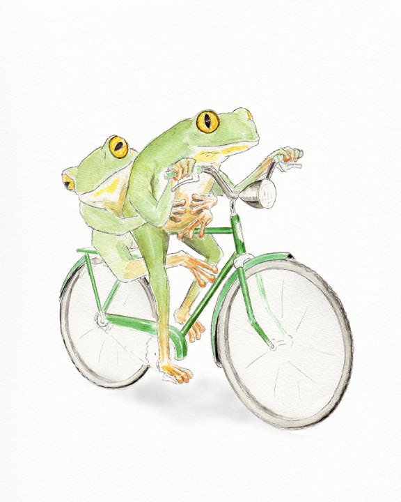 Frogs Riding Bicycle Whimsical animal art Humorous Frog