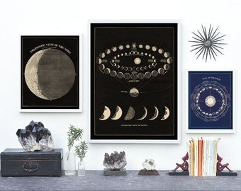 Moon Phases Print, Moon Art Print, Astronomy Art Vintage Print, Best-selling print, Moon Phase Poster, 19th Century School, Venus Transit,