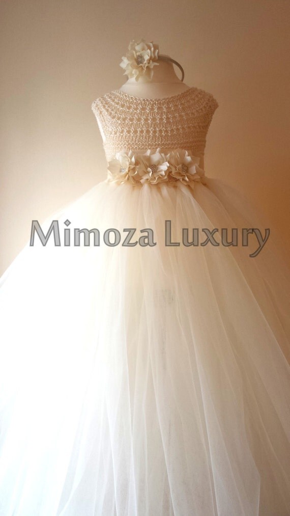 Ivory Flower girl dress, ivory tutu dress, bridesmaid dress, princess dress, ivory crochet top tulle dress, ivory hand knit tutu dress
