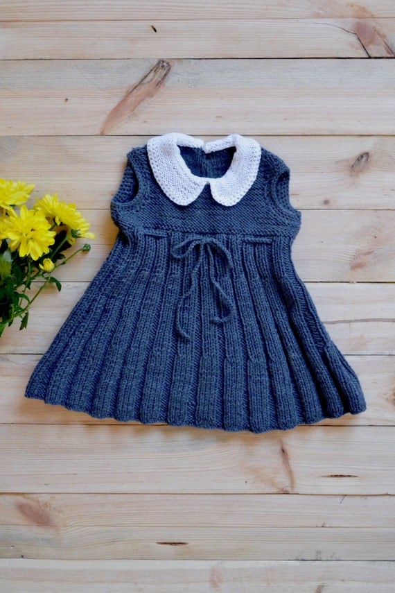 Knit baby dress // Navy blue girls dress, toddler peter pan collar ...