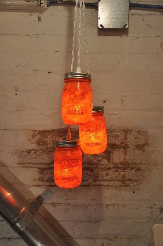 Orange Mason Jar Chandelier Pendant Light Fixture by wiresNjars