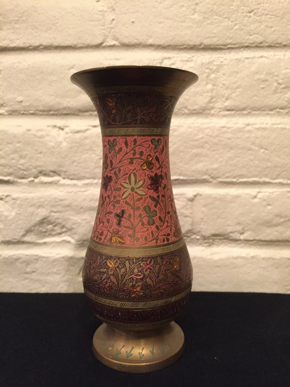 Vintage Brass Enameled Etched Vase Made In India