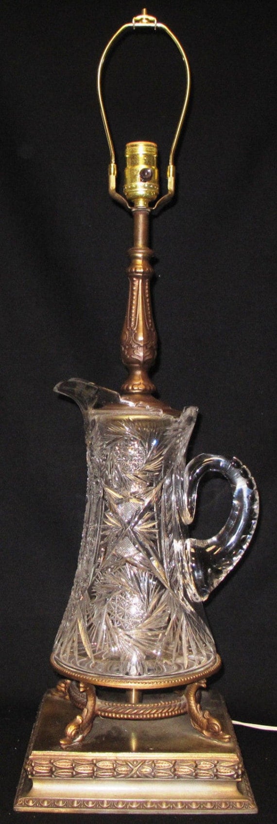 Antique American Brilliant Crystal Pitcher Lamp with Brass